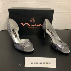 Nina Shoes Silver Sequined Heels Sandals Sz 5.5